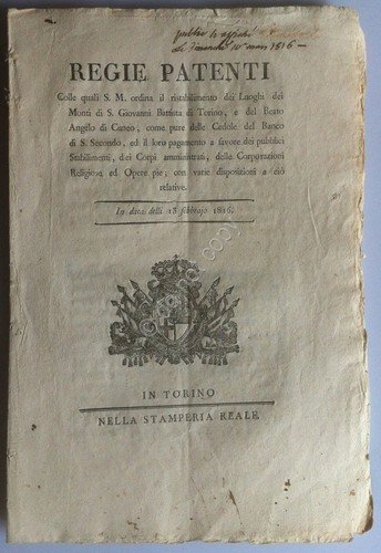 Regno di Sardegna 1816 - Regie Patenti - Pagamento dei … | Immagine principale