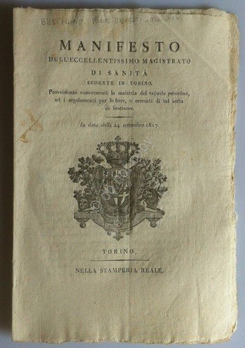 Regno di Sardegna 1817 - Manifesto Sanità - Vajuolo pecorino …