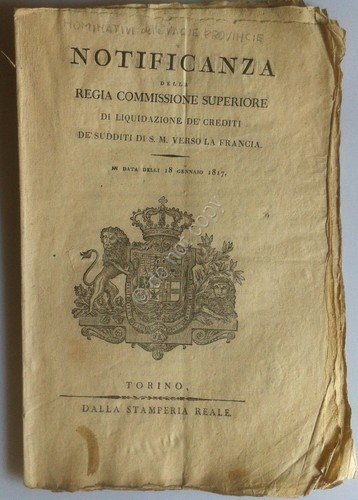 Regno di Sardegna 1817 - Notificanza - Liquidazione Crediti Sudditi …