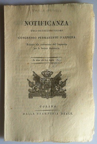 Regno di Sardegna 1817 - Notificanza Congresso Permanente d'Annona - …