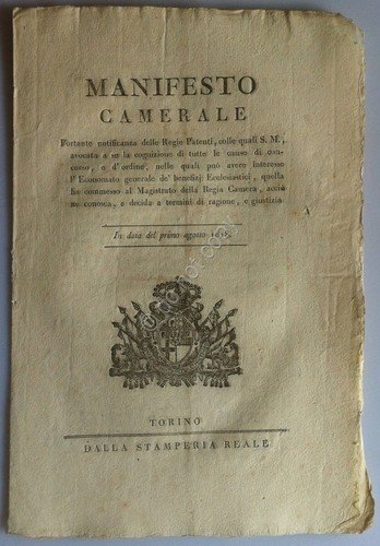 Regno di Sardegna 1818 Manifesto Camerale - Economato de' benefizi …