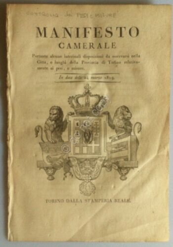 Regno di Sardegna 1819 - Manifesto Camerale - Tolleranze Pesi …