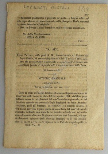 Regno di Sardegna 1919 - Regie Patenti - Qualifica Impiegnati …