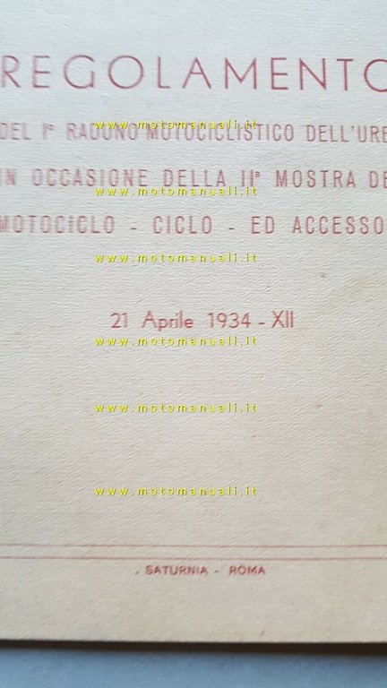 Regolamento 1° Raduno Motociclistico Roma 1934 depliant anteguerra originale