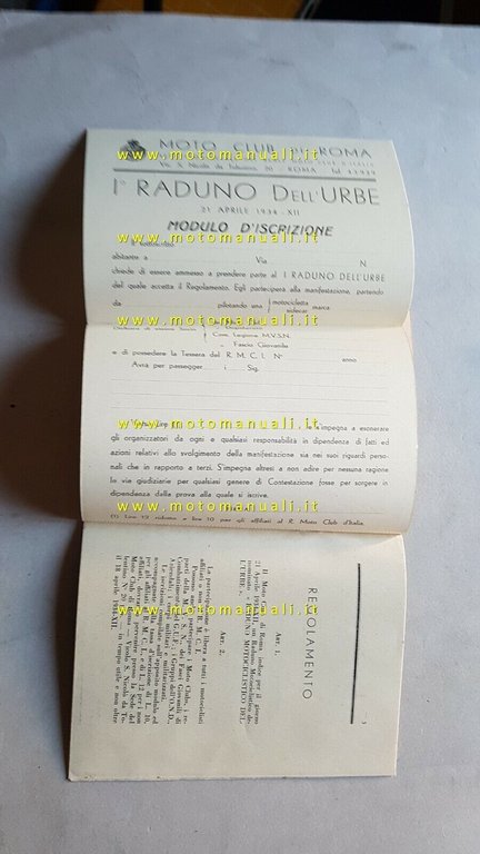 Regolamento 1° Raduno Motociclistico Roma 1934 depliant anteguerra originale