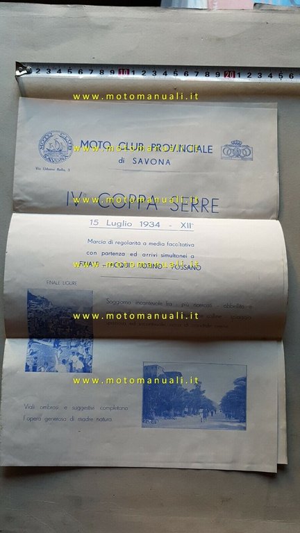 Regolamento Gara Regolarità IV Coppa Serre Savona 1934 depliant anteguerra
