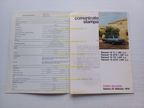Renault 18 1978 presentazione cartella stampa depliant originale