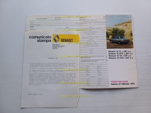 Renault 18 1978 presentazione cartella stampa depliant originale