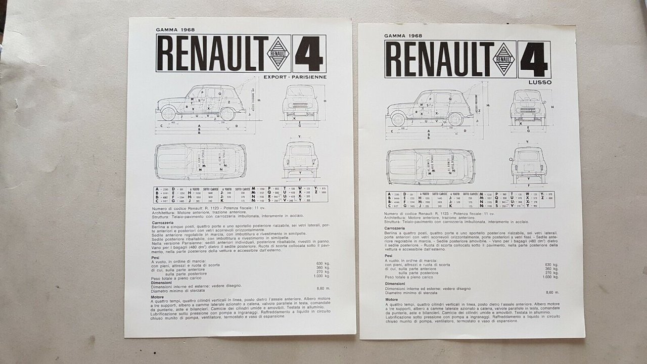 Renault 4 lotto 2 schede tecniche cartella stampa 1968 originali …