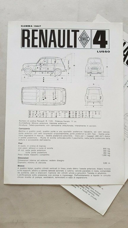 Renault 4 lotto 3 schede tecniche cartella stampa 1967 originali …