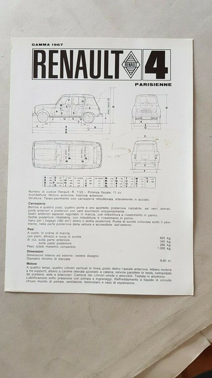 Renault 4 lotto 3 schede tecniche cartella stampa 1967 originali …