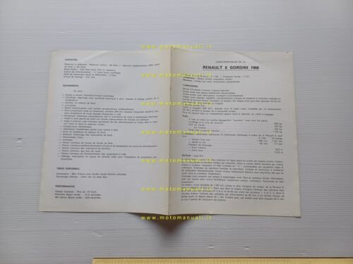 Renault 8 Gordini 1968 depliant scheda tecnica francese originale