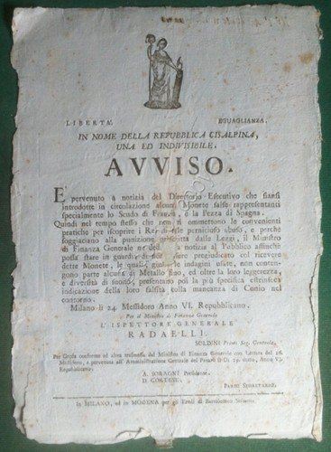 Repubblica Cisalpina - Milano 1798 - Avviso circolazione monete false … | Immagine principale