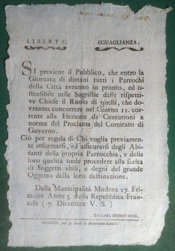 Repubblica Cisalpina - Modena 1796 - Pubblicazione Candidati Elezione Centurioni | Immagine principale
