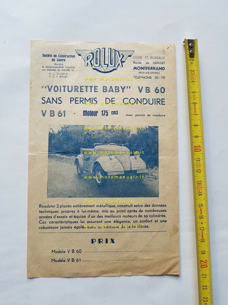 ROLUX Baby VB 60 - VB 61 1947 depliant FRANCESE …