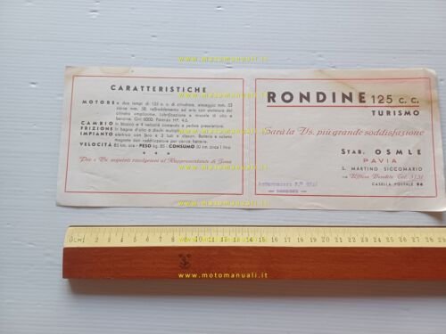 Rondine 125 Turismo 1952 depliant italiano originale