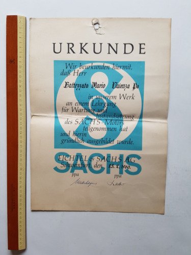 Sachs attestato partecipazione corso formazione 1966 originale tedesco