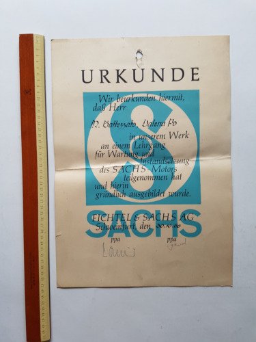 Sachs attestato partecipazione corso formazione 1968 originale tedesco