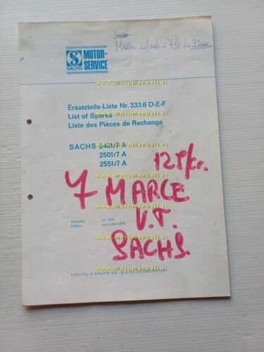 Sachs Motori 2401-2501-2551 7A (7V) 1976 catalogo ricambi originale