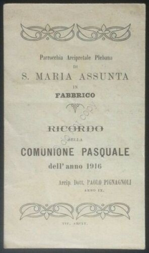 Santino Ricordo Pasqua 1916 S. Maria Assunta in Fabbrico - …