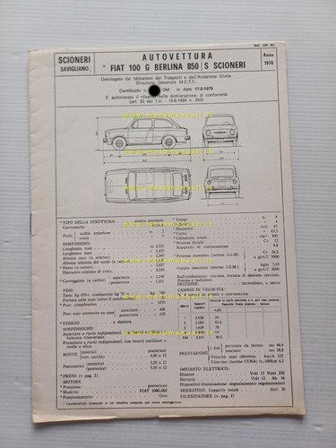 Scioneri Fiat 850 S 1970 scheda omologazione DGM Motorizzazione Facsimile