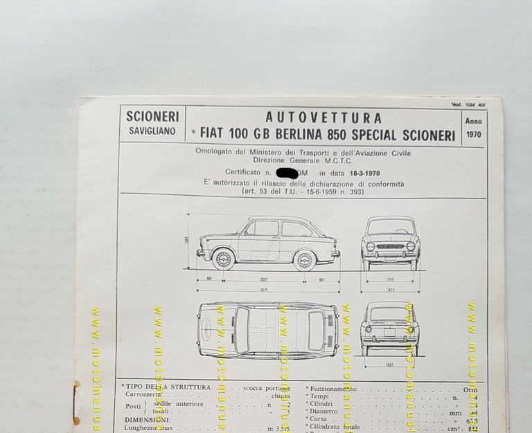 Scioneri Fiat 850 Special 1970 Scheda facsimile omologazione DGM Motorizzazione