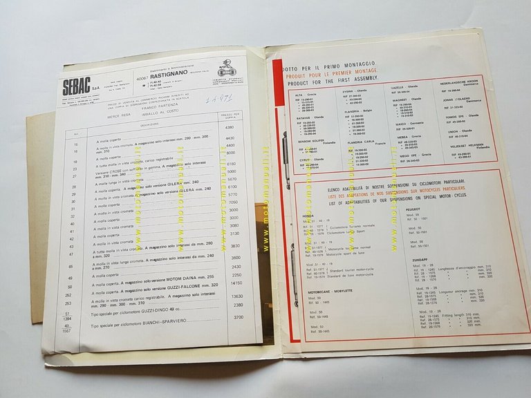 SEBAC catalogo ammortizzatori moto ciclomotori anni 70 originale