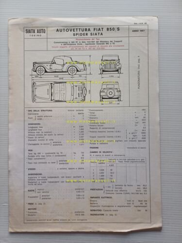 Siata 850 Spider 1967 scheda omologazione DGM Motorizzazione Facsimile