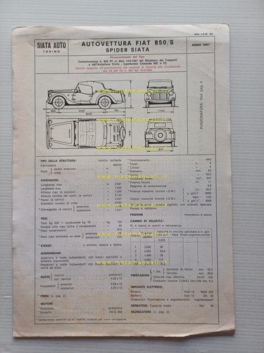 Siata 850 Spider 1967 scheda omologazione DGM Motorizzazione Facsimile