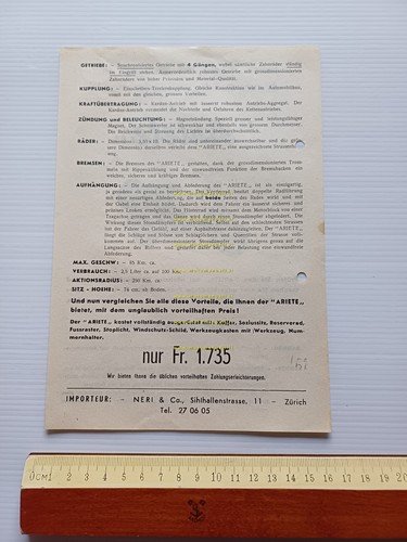 SIM Ariete 125 Scooter 1950 depliant originale TEDESCO