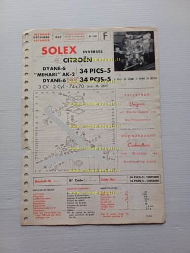 Solex carburatore 34 PICS-5 Citroen Dyane-Mehari 1969 catalogo ricambi +regolaz.