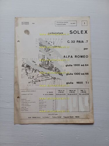 Solex carburatore C.32 PAIA 7 Alfa Romeo Giulia 1.3-1.6-ti 1969 …