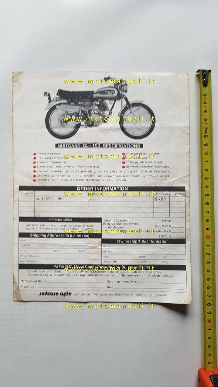 Suitcase CL 100 moto depliant USA anni 70 originale brochure