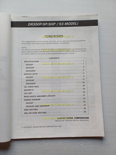 Suzuki DR 350-S-SH 1993 AGGIORNAMENTO manuale officina INGLESE originale