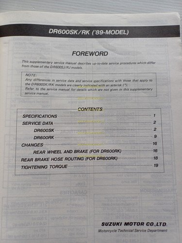 Suzuki DR 600 S - R 1988 AGGIORNAMENTO manuale officina …