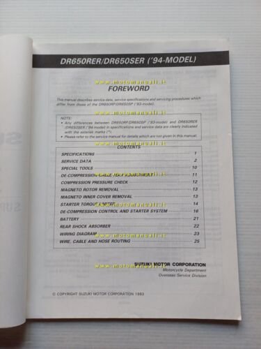 Suzuki DR 650 R ER-S ER 1994 AGGIORNAMENTO manuale officina …