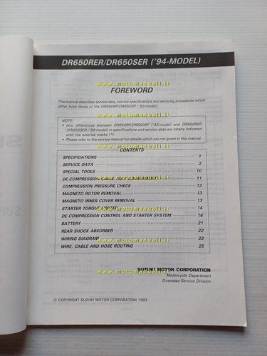 Suzuki DR 650 R ER-S ER 1994 AGGIORNAMENTO manuale officina …