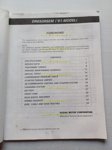 Suzuki DR 650 RSE 1991 AGGIORNAMENTO manuale officina INGLESE originale