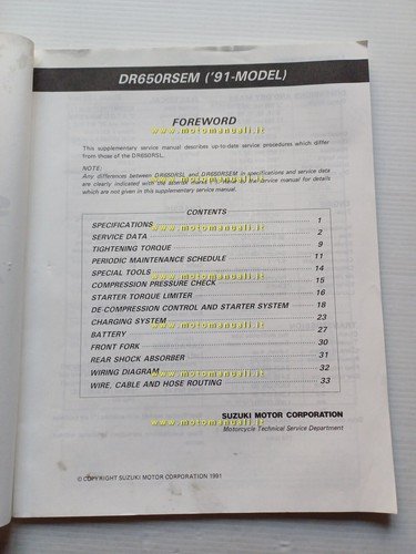 Suzuki DR 650 RSE 1991 AGGIORNAMENTO manuale officina INGLESE originale