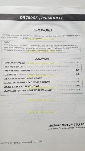 Suzuki DR 750 S AGGIORNAMENTO 1988 manuale officina INGLESE originale