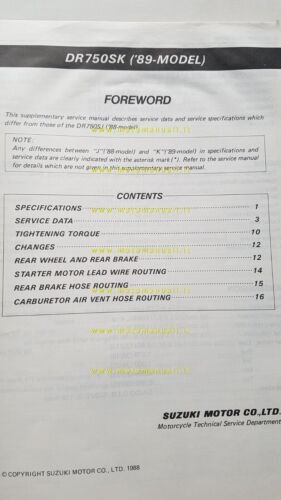 Suzuki DR 750 S AGGIORNAMENTO 1988 manuale officina INGLESE originale