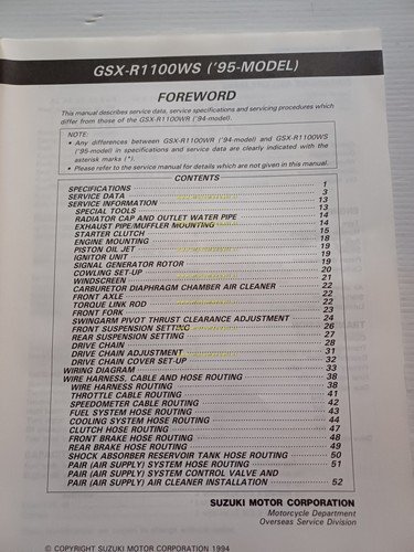 Suzuki GSX-R 1100 W 1995 AGGIORNAMENTO manuale officina inglese originale