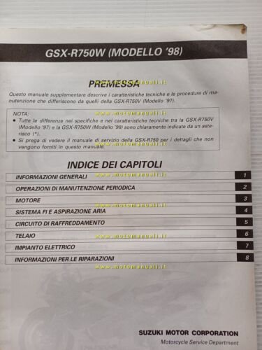 Suzuki GSX-R 750 W AGGIORNAMENTO 1998 manuale officina ITALIANO originale