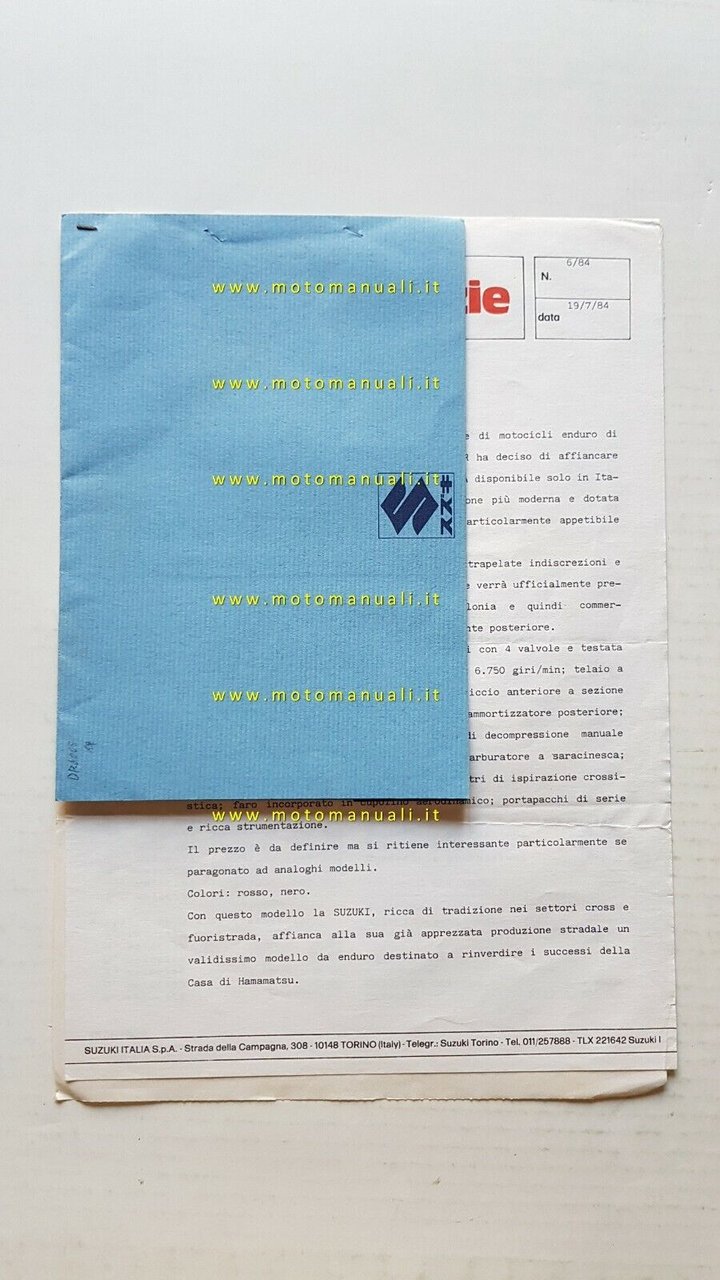 Suzuki Notizie 1984 DR 600 S comunicato stampa originale + …