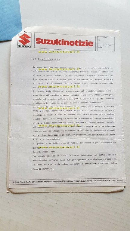 Suzuki Notizie 1984 DR 600 S comunicato stampa originale + …