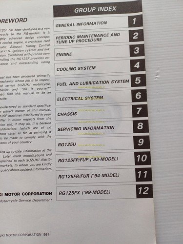 Suzuki RG 125 F modelli 1991-1999 manuale officina INGLESE originale