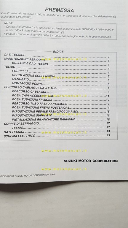 Suzuki SV 1000 AGGIORNAMENTO 2003 manuale officina ITALIANO originale