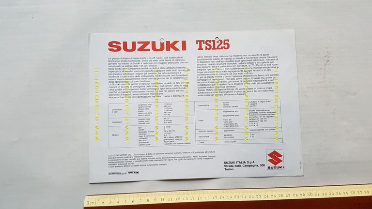 Suzuki TS 125 1985 depliant ITALIANO moto originale brochure