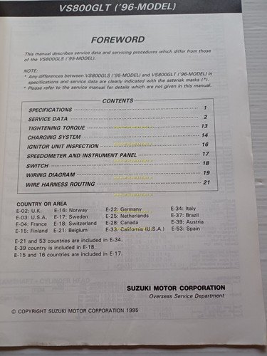 Suzuki VS 600 GLT 1996 AGGIORNAMENTO manuale officina originale TESTO …