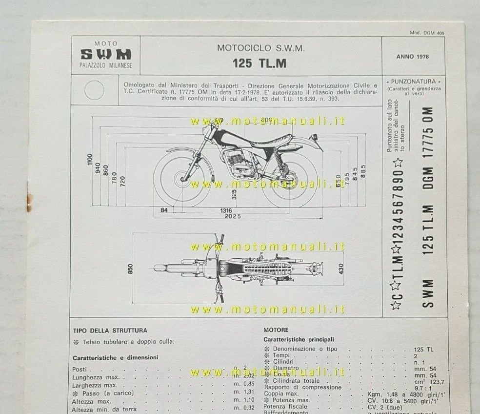SWM 125 TL.M Trial 1978 scheda omologazione DGM originale Motorizzazione